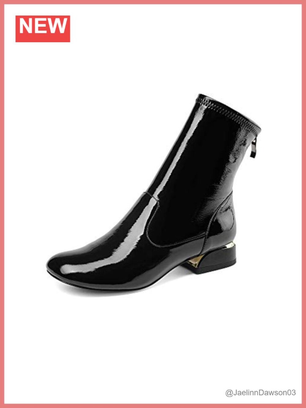 Women's Round Toe Ankle Boots Low Heel Patent Leather Back Zip Water Resistant